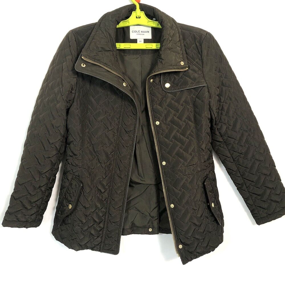 Cole Haan Womens Quilted Full Zip Parka Size Small Cocoa Two Waist Pulls Preppy